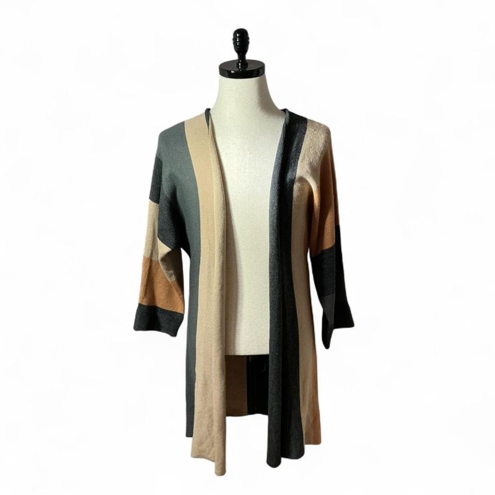 Emberley Striped Duster Cardigan Open‎ Front Gray Tan Brown Casual